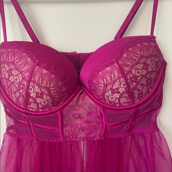 Victoria’s Secret Fuchsia Push-Up Babydoll Bustier Tulle Lingerie - Picture 2 of 9